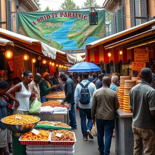 A bustling South African street food market with vendors and customers enjoying the food