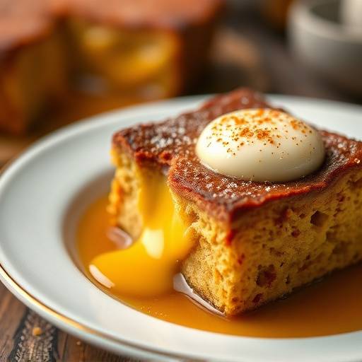 A close-up of a malva pudding being served with custard, showcasing its texture and color.