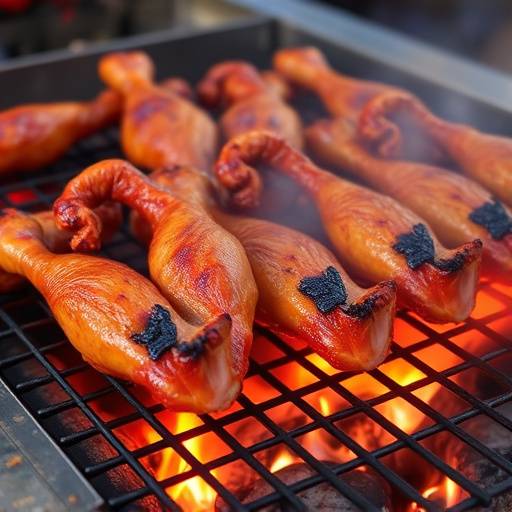 A close-up of Walkie Talkies (chicken feet and heads) being grilled over an open flame