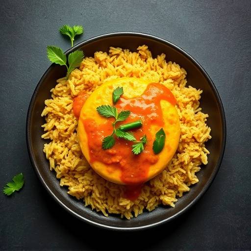 A delicious bobotie dish served with yellow rice and chutney, seen from above.