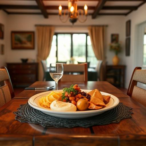A family enjoying a meal of Waterblommetjie Bredie in a cozy dining room.