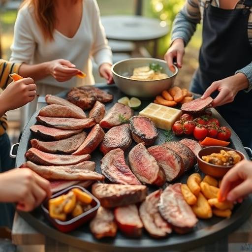 A family gathered around a table sharing a large platter of braaied meat and sides.