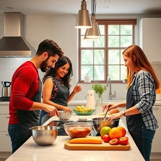 A group of diverse people cooking together in a modern kitchen