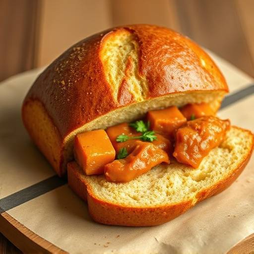A half loaf of bread filled with Durban curry, known as Bunny Chow.