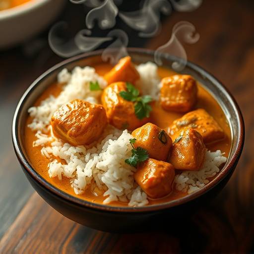 A steaming pot of Chicken Curry served with rice