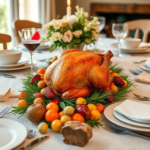 A table set for Sunday lunch with a beautifully roasted chicken in the center.