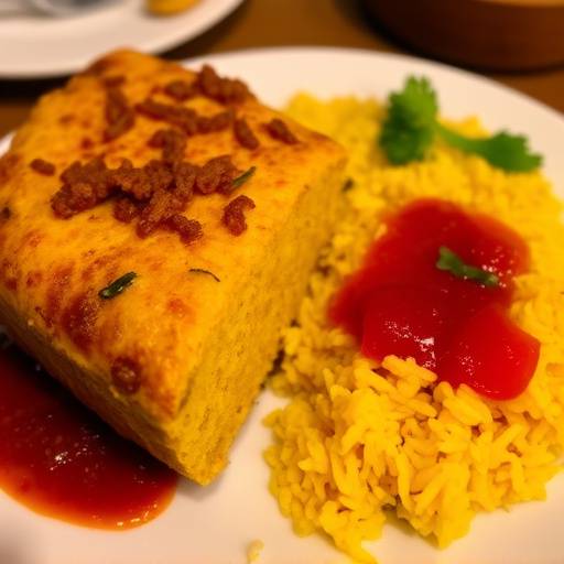 Bobotie mince served with yellow rice and chutney