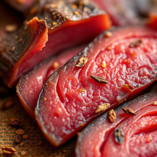 Slices of Biltong, showcasing the various textures and spices.